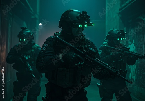 Special forces tactical unit patrolling dark corridor with night vision equipment. Armed swat team on covert military operation. Law enforcement action scene