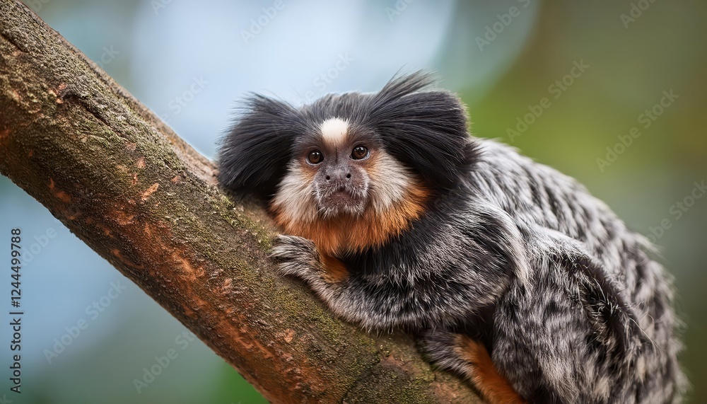 Playful Common Marmoset Monkey Perched on a Lush Green Tree Branch, Amidst the Richness of Tropical Rainforest Wildlife and Foliage Playful Common Marmoset Monkey Perched on a Lush Green Tree Branch, Amidst the Richness of Tropical Rainforest Wildlife and Foliage