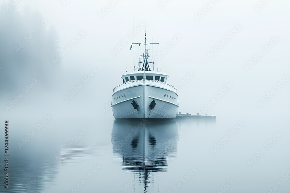 Obraz premium Modern white yacht floating calmly in foggy waters with soft reflections