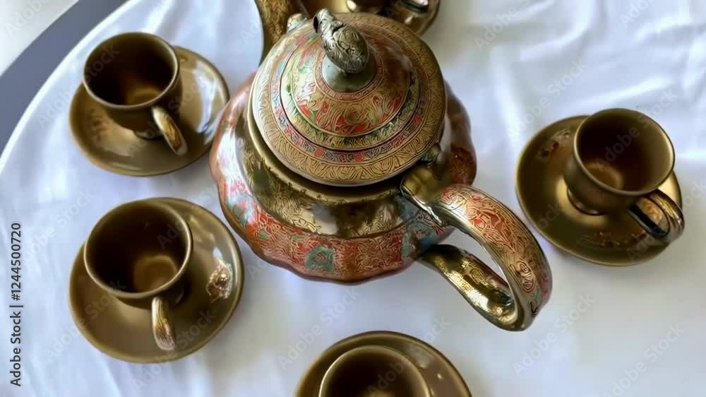 Ornate brass teapot with matching cups arranged on a white tablecloth for traditional tea service. Concept of cultural elegance and hospitality Ornate brass teapot with matching cups arranged on a white tablecloth for traditional tea service. Concept of cultural elegance and hospitality