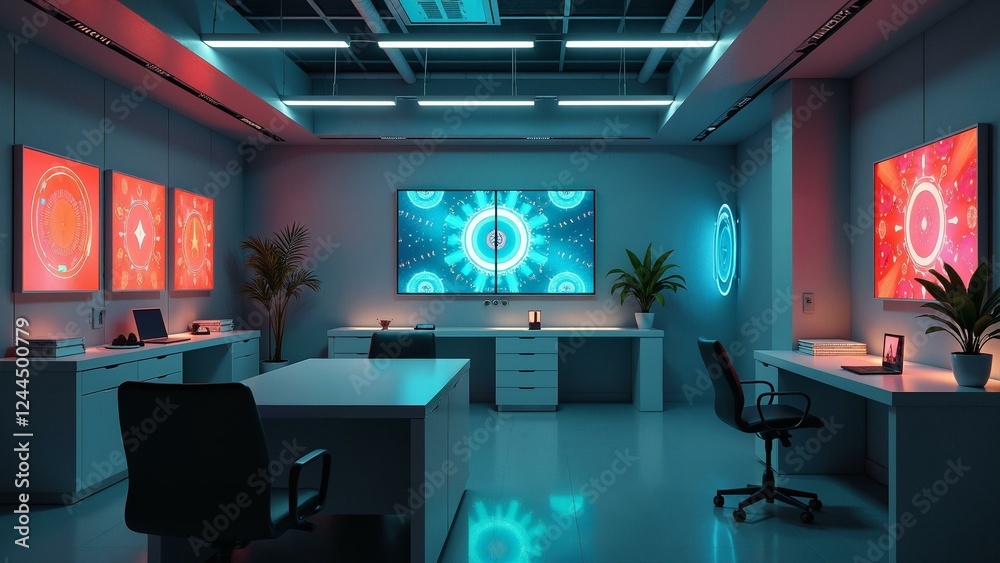 A futuristic lab with abstract vector displays, bold geometric features, and understated tech design. A futuristic lab with abstract vector displays, bold geometric features, and understated tech design.