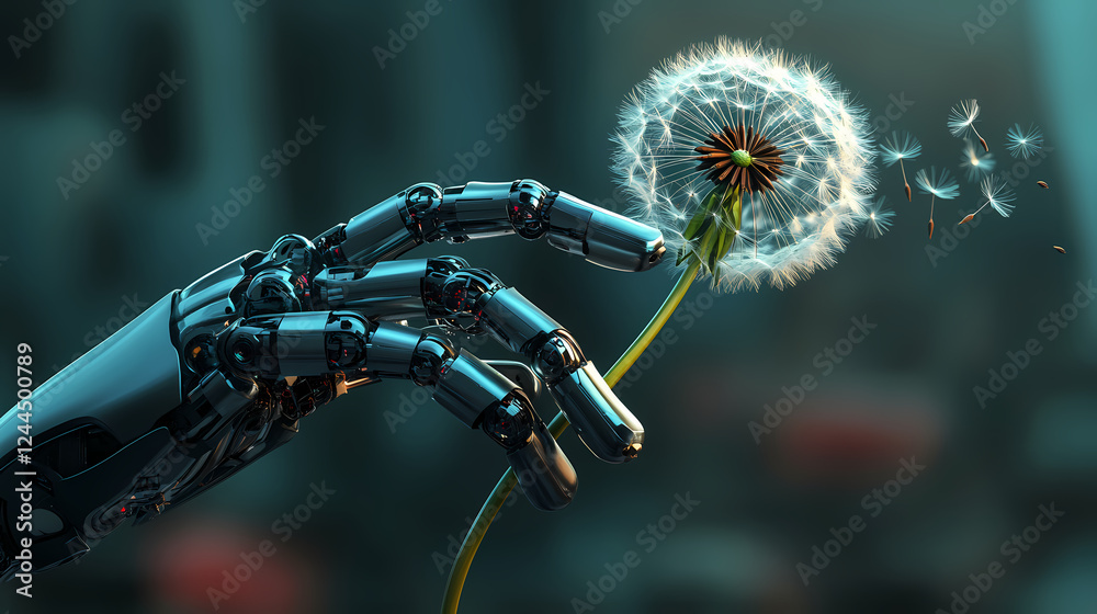 Fototapeta premium A robotic hand delicately holds a dandelion, symbolizing the intersection of technology and nature. Organic vs. Mechanical Contrast. Illustration