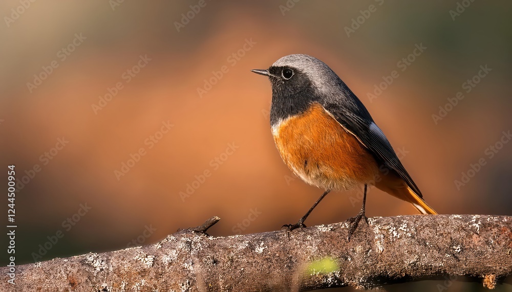 Naklejka premium Vivid Common Redstart Perched on Branched Forest Retreat Vibrant Plumage and Bold Stripes Contrast with Mossy Greens and Earthy Browns in a Serene Woodland Setting, Perfect for Digital Art, Home