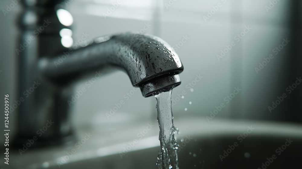 Chrome bathroom faucet streaming water, droplets of condensation highlighting liquid flow and mindful water consumption principles Chrome bathroom faucet streaming water, droplets of condensation highlighting liquid flow and mindful water consumption principles