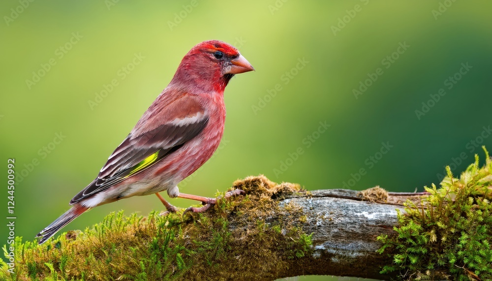 Vibrant Common Rosefinch Carpodacus erythrinus Amidst Lush Green Background, Showcasing the Birds Dynamic Plumage and Striking Beauty in Natures Verdant Embrace. Vibrant Common Rosefinch Carpodacus erythrinus Amidst Lush Green Background, Showcasing the Birds Dynamic Plumage and Striking Beauty in Natures Verdant Embrace.