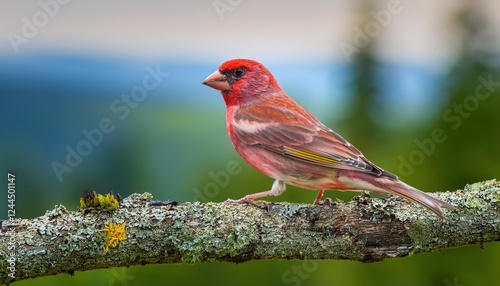 Vibrant Common Rosefinch Carpodacus erythrinus Perched against Lush, Verdant Background, Showcasing Striking Feather Details and Expressive Beak. photo