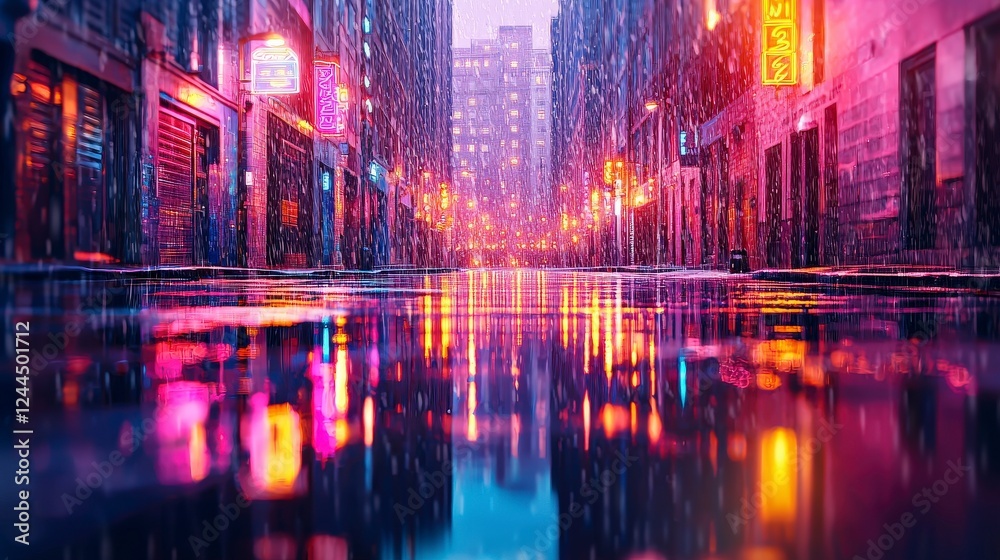 Naklejka premium A vibrant city street scene at night, reflecting colorful lights on wet pavement after rain, creating a captivating urban atmosphere.