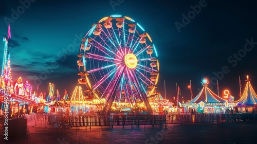 A vibrant night scene featuring a colorful Ferris wheel at an amusement park, illuminated by bright lights, creating a festive and joyful atmosphere.
