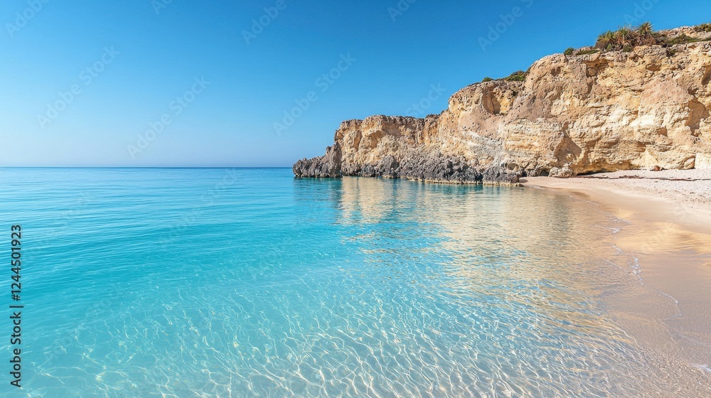 Fototapeta premium Calm turquoise waters wash against golden sands under a clear blue sky on a serene beach