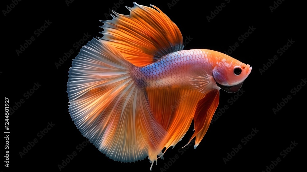 Colorful tropical betta fish with flowing fins swimming on black background. Vibrant scales and elegant movement create mesmerizing display, showcasing beauty and grace of aquatic life Colorful tropical betta fish with flowing fins swimming on black background. Vibrant scales and elegant movement create mesmerizing display, showcasing beauty and grace of aquatic life