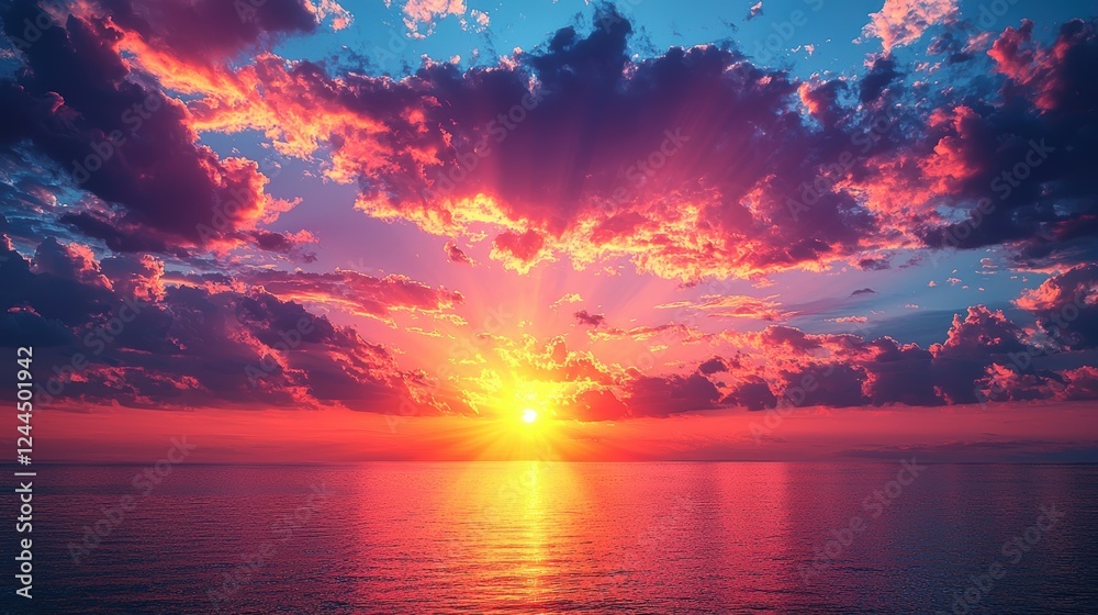 Fototapeta premium A vibrant sunset over a calm ocean, with dramatic clouds and rays of light.
