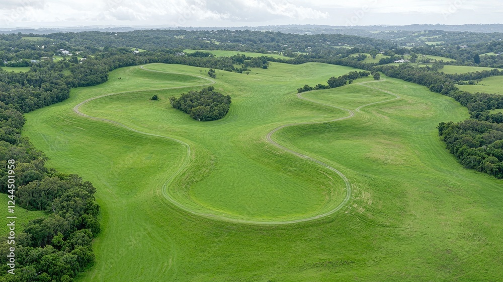 Obraz premium Aerial view of curving green landforms, rural landscape background