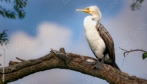 Majestic Cormorant Perched on a Gnarled Branch over a Tranquil Lake at Dusk, Showcasing the Serenity and Wildlife of Natures Hidden Beauty.