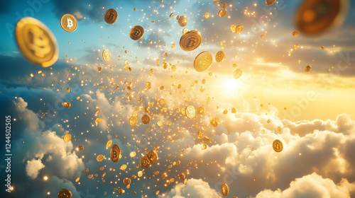 Golden bitcoins and particles falling from the sky above the clouds at sunset, cryptocurrency investment concept