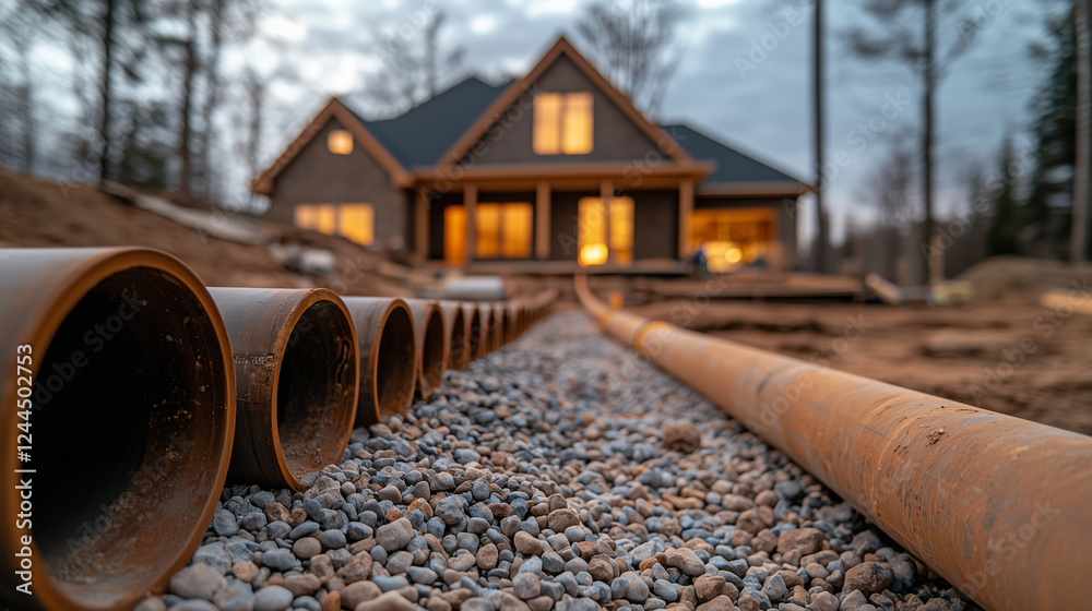Close-up of pipes and gravel on foreign land, with a modern home in the background undergoing foundation and plumbing repairs. Close-up of pipes and gravel on foreign land, with a modern home in the background undergoing foundation and plumbing repairs.