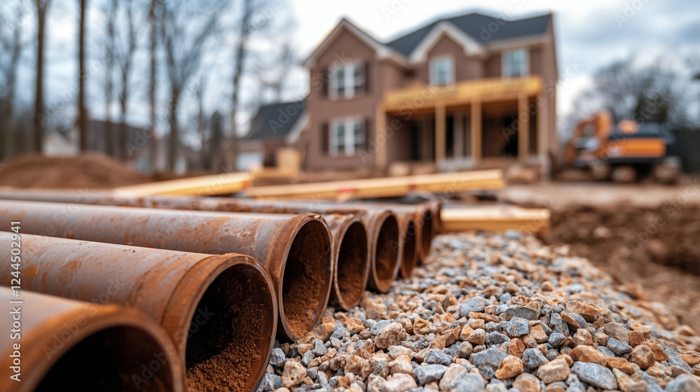 Close-up of pipes and gravel on foreign land, with a modern home being repaired in the background, highlighting foundation work. Close-up of pipes and gravel on foreign land, with a modern home being repaired in the background, highlighting foundation work.
