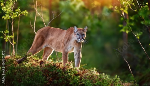 Vigorous Mountain Lion Amidst a Lush Summer Forest Backdrop at Dusk, Capturing the Majesty of a Wild American Landscape photo