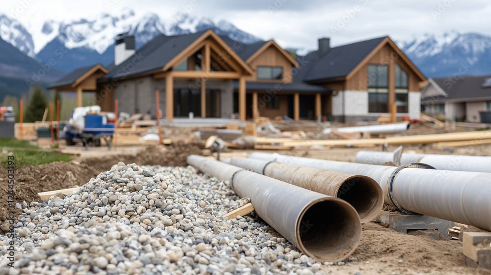 Pipes and gravel scattered on foreign land, with a modern house in the background undergoing foundation and plumbing repairs. Pipes and gravel scattered on foreign land, with a modern house in the background undergoing foundation and plumbing repairs.