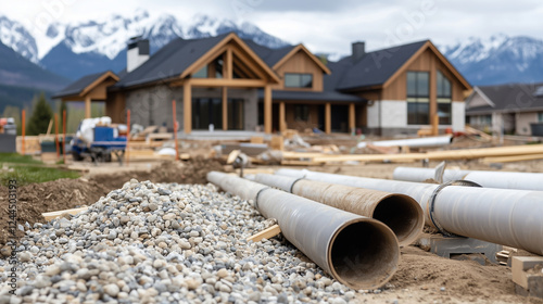 Wallpaper Mural Pipes and gravel scattered on foreign land, with a modern house in the background undergoing foundation and plumbing repairs. Torontodigital.ca