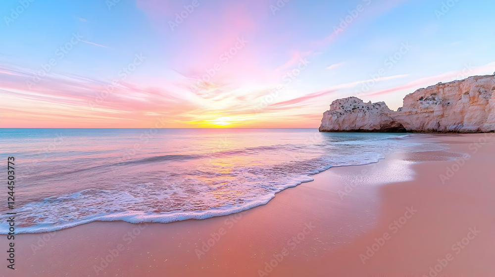 Fototapeta premium Pink sunrise over ocean beach, rock formations, calm waves. Travel brochure use