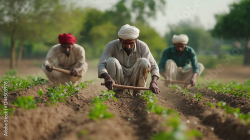 Rural Indian farmers working agricultural fields, using hand tools while cultivating traditional crops under intense sunlight photo