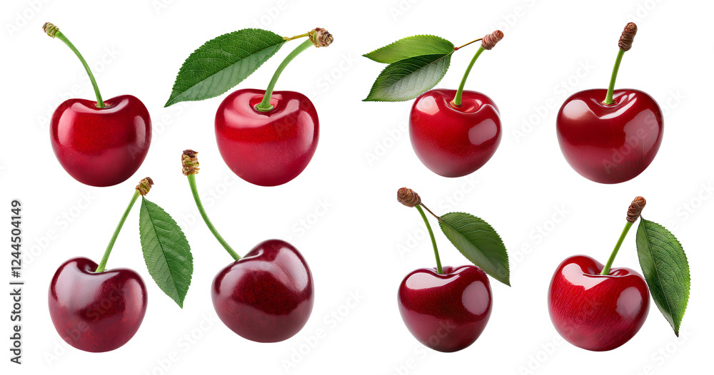 Fresh Red Cherries with Green Leaves Isolated on a White Background, isolated on transparent background Fresh Red Cherries with Green Leaves Isolated on a White Background, isolated on transparent background