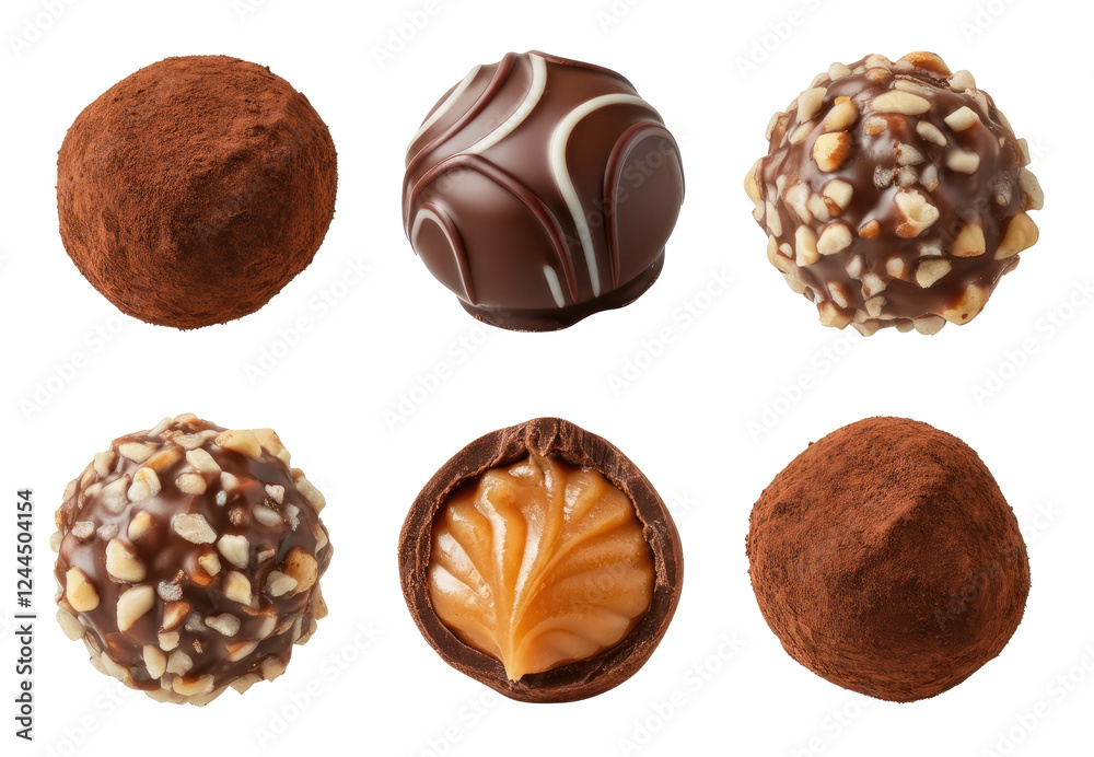 Assortment of chocolate truffles and pralines with various fillings toppings Assortment of chocolate truffles and pralines with various fillings toppings