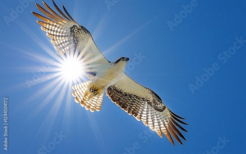 Osprey soaring, sunburst backdrop, clear sky, wildlife nature scene, conservation