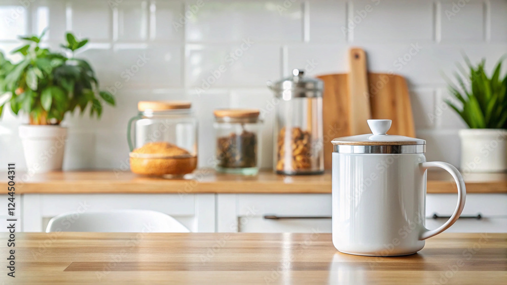 Fototapeta premium Blank Mug Mockup in a Bright and Cozy Kitchen Setting