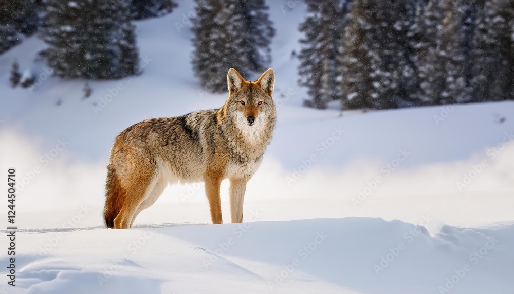 Striking Coyote Frolics in Winters Majesty amidst SnowCovered Yellowstone National Park at Dawn Striking Coyote Frolics in Winters Majesty amidst SnowCovered Yellowstone National Park at Dawn