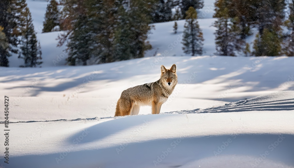Obraz premium Majestic Coyote Frolics in Snowy Yellowstone Landscape, Basking under the Frosty Winter Sunset