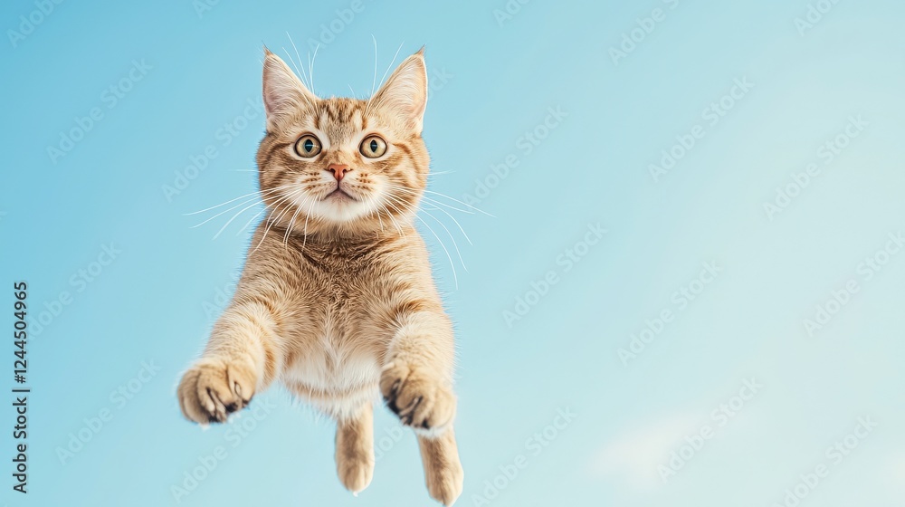 Obraz premium A playful cat leaps joyfully against a bright blue sky. Its expression is full of excitement, showcasing the energy and spirit of feline playfulness.