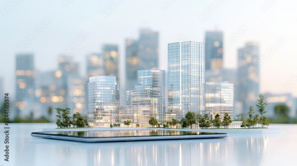 Obraz premium A stunning architectural model showcasing modern skyscrapers, surrounded by greenery, reflecting urban development and future city planning.