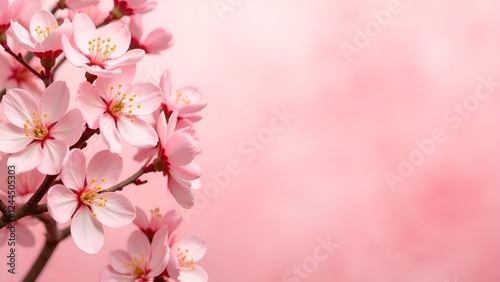 pink cherry blossom branch in spring on light pink background with copy space for text