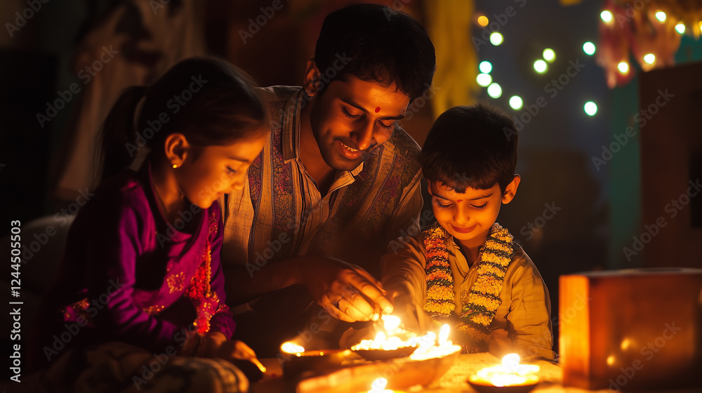 Indian family glowing diya lamps, sharing Diwali festivity, connecting through cultural celebration at home warmth