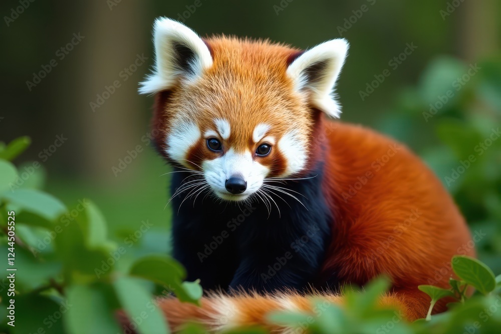 Red panda nestled amongst leaves, looking down, tree, wild Red panda nestled amongst leaves, looking down, tree, wild