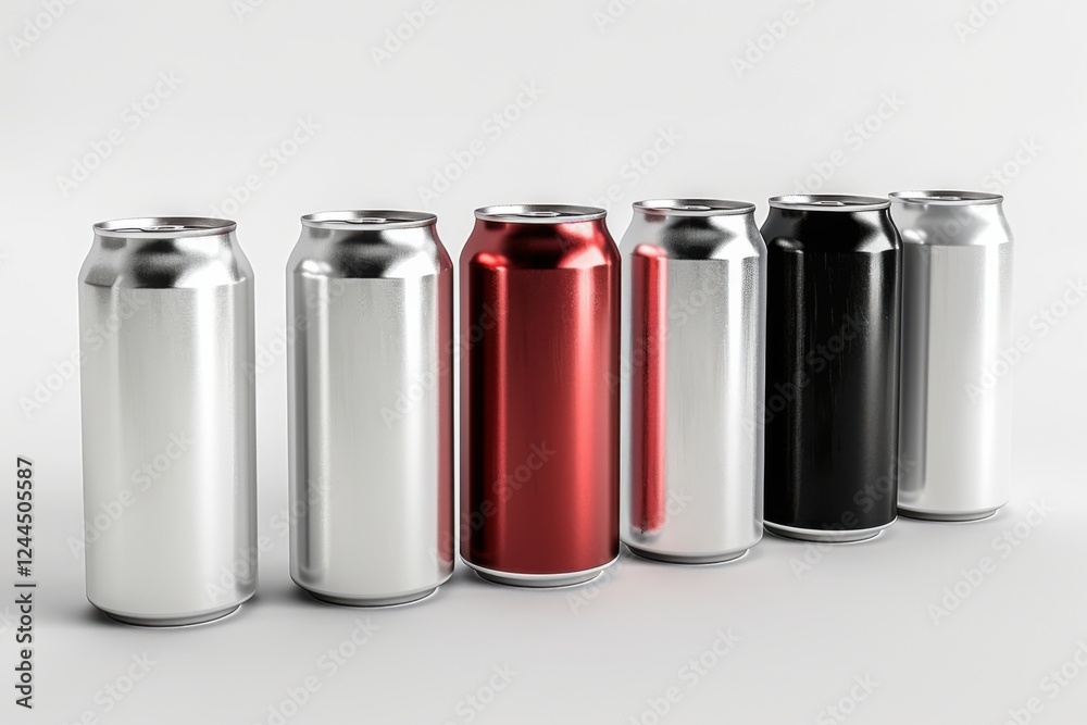 High-quality 3D render of aluminum slim cans in silver, white, black, and red, arranged on an isolated white background, perfect for beer can mockup templates High-quality 3D render of aluminum slim cans in silver, white, black, and red, arranged on an isolated white background, perfect for beer can mockup templates