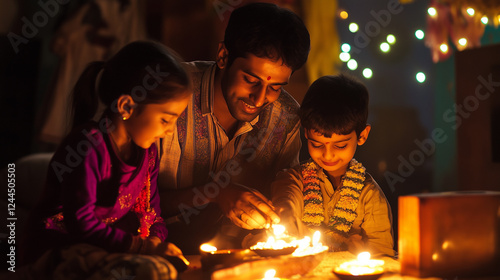 Obraz na płótnie Indian family glowing diya lamps, sharing Diwali festivity, connecting through cultural celebration at home warmth w salonie