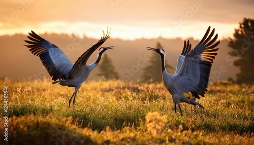 Dramatic Flight of Two Cranes amidst a Lush Meadow at Dusk, Displaying an Elegant Dance in the Serene Winter Twilight. photo