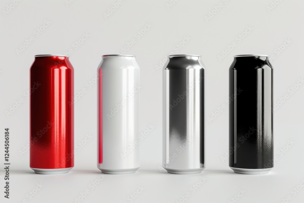 High-quality 3D render of aluminum slim cans in silver, white, black, and red, arranged on an isolated white background, perfect for beer can mockup templates High-quality 3D render of aluminum slim cans in silver, white, black, and red, arranged on an isolated white background, perfect for beer can mockup templates