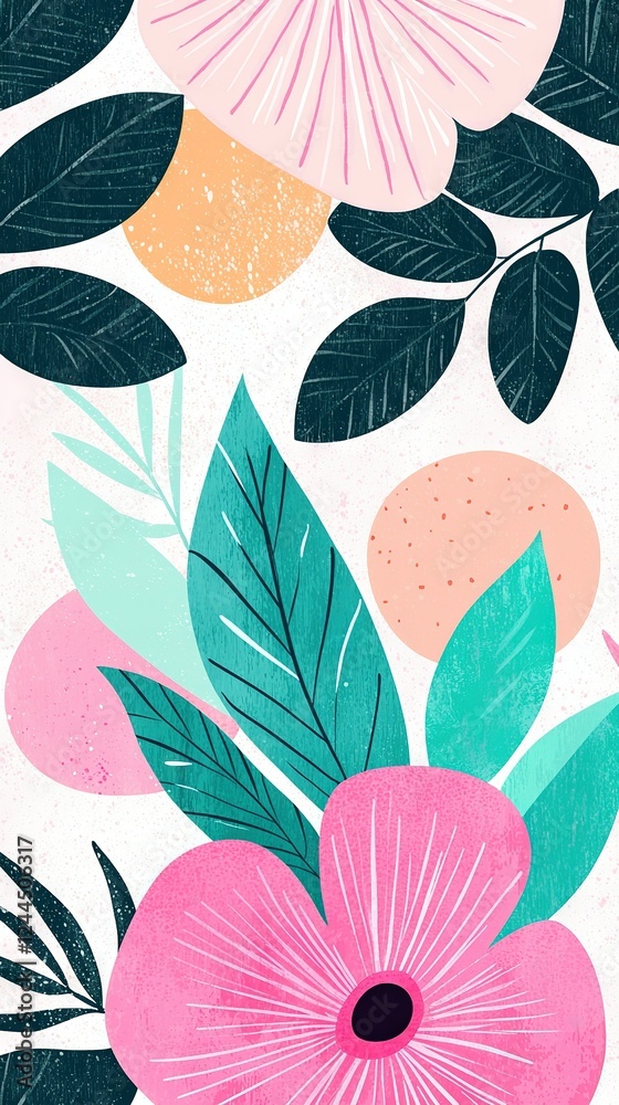 Obraz premium A pink flower on a white background with green leaves