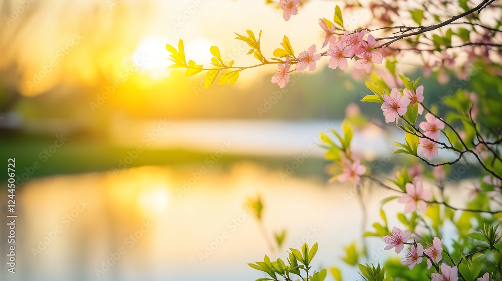 Serene spring evening with sunset and blossoming flowers for tranquil design Serene spring evening with sunset and blossoming flowers for tranquil design
