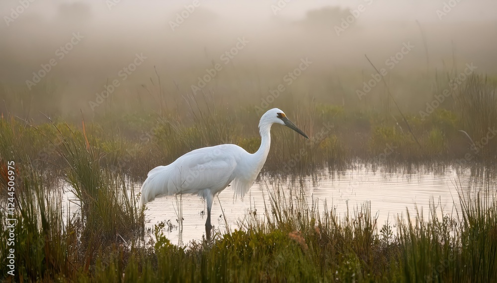 Majestic Critically Endangered Whooping Crane Wading through a Mystical Foggy Morning at the Aransas National Wildlife Refuge, Texas Majestic Critically Endangered Whooping Crane Wading through a Mystical Foggy Morning at the Aransas National Wildlife Refuge, Texas