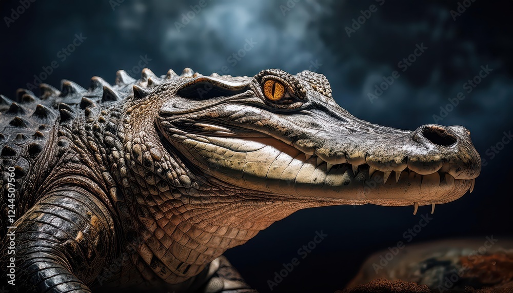 Obraz premium Majestic Crocodile Basking in Sunlight Amidst lush Tropical Greenery, Witnessing a Moment of Stillness and Serenity in the Wilderness