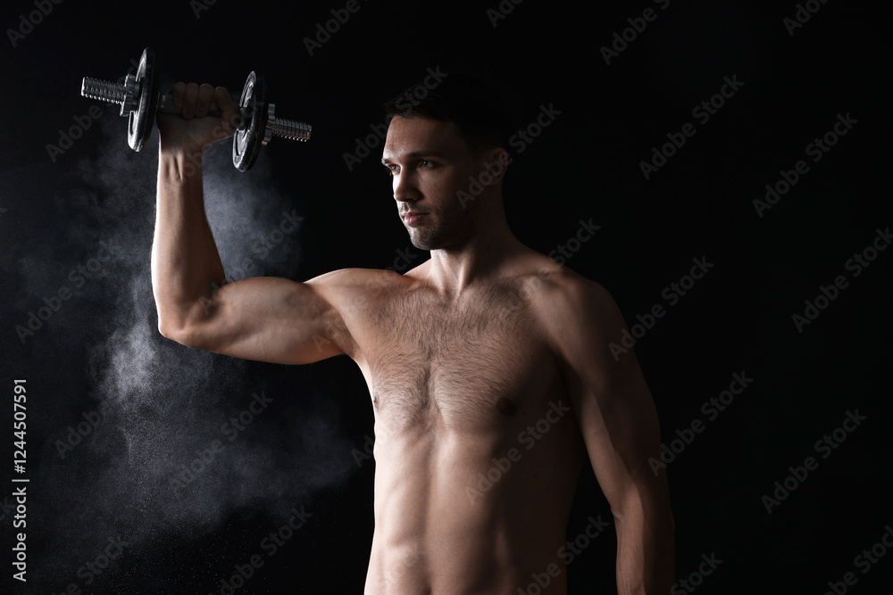 Man with talcum powder on hand training with barbell against black background Man with talcum powder on hand training with barbell against black background