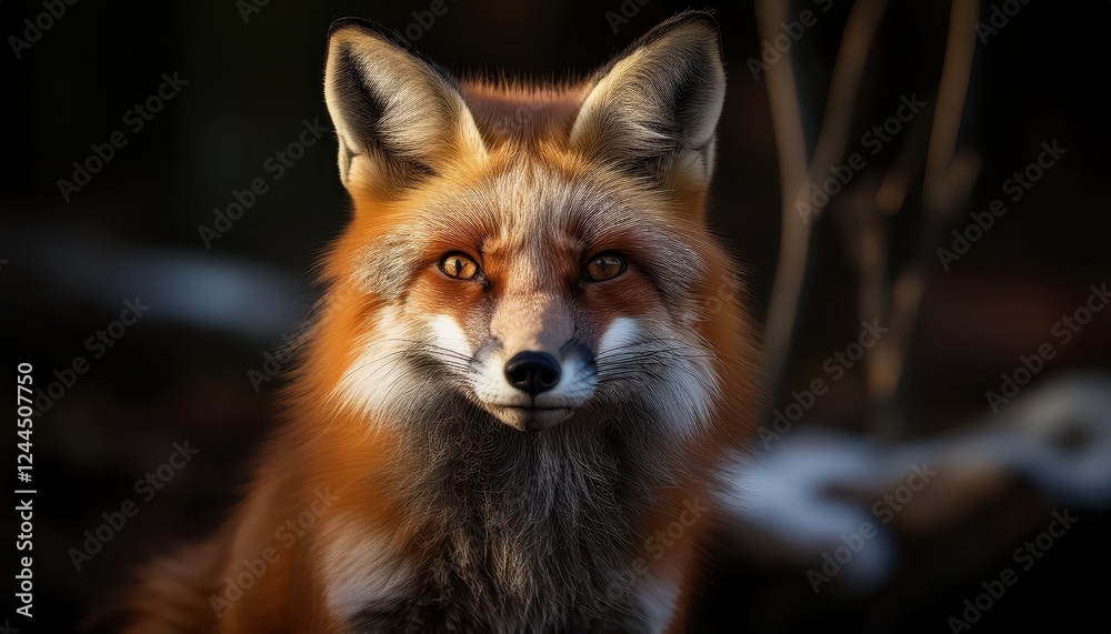 Obraz premium Striking Cross Fox Encounter in Winter Forest A Majestic Moment Frozen in Time, Showcasing the Mysterious Beauty of a Snowy Landscape.