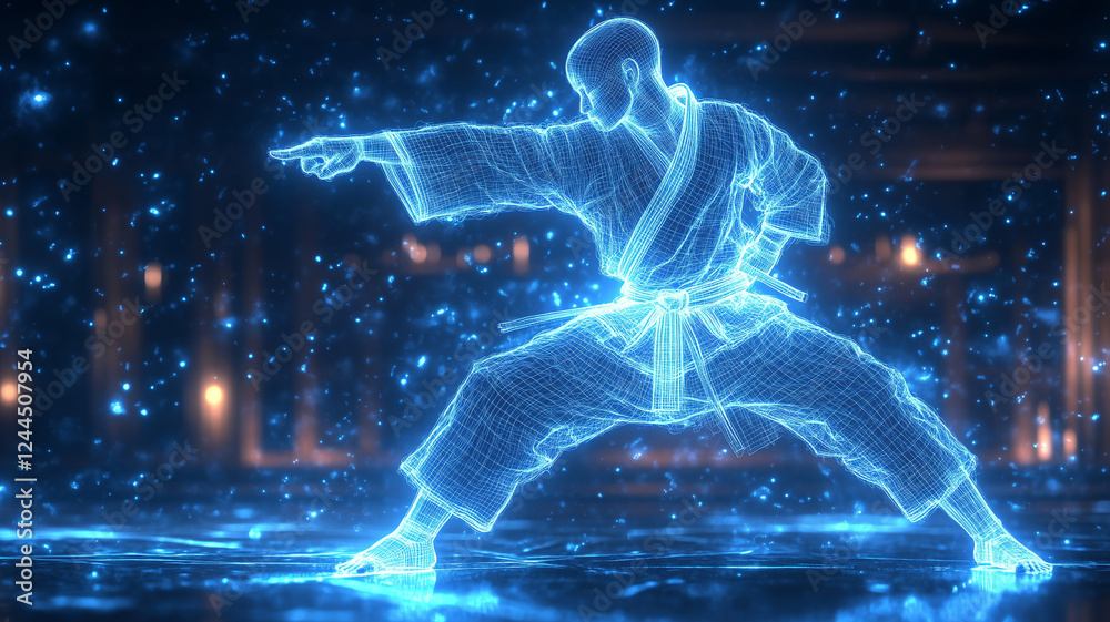 Fototapeta premium Karateka in digital wireframe glows while performing a powerful stance