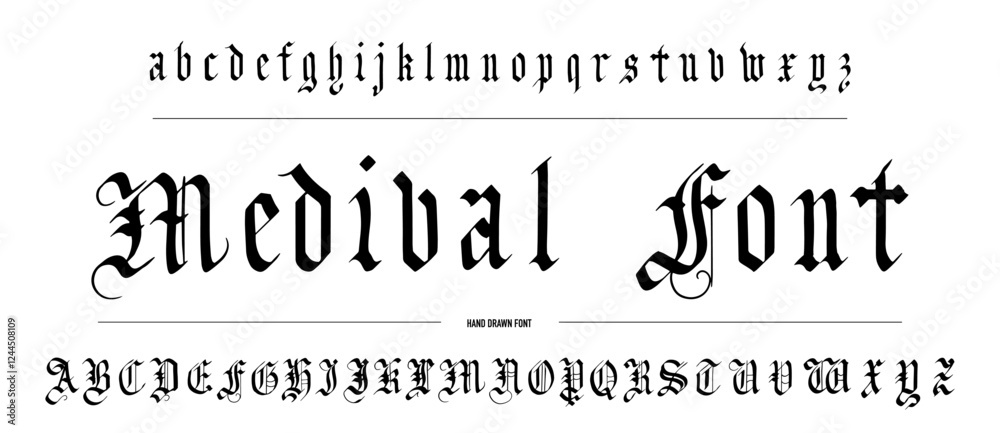 Gothic alphabet. Medieval handwritten typeface in old style made with calligraphy pen. Traditional font for authentic projects engraved on paper