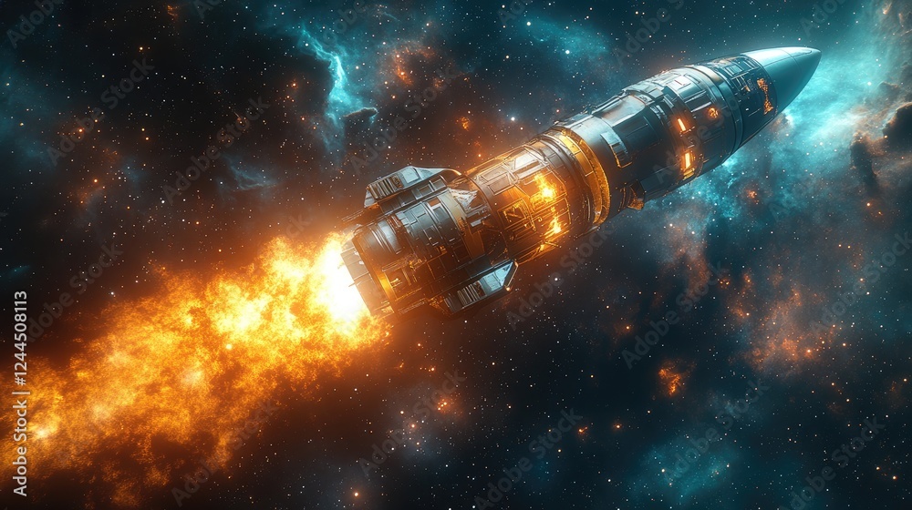 A futuristic rocket propelling through a vibrant cosmic backdrop. A futuristic rocket propelling through a vibrant cosmic backdrop.