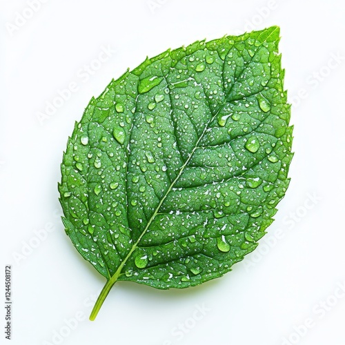 A single, fresh mint leaf, vivid green, isolated on a white background - Generative AI